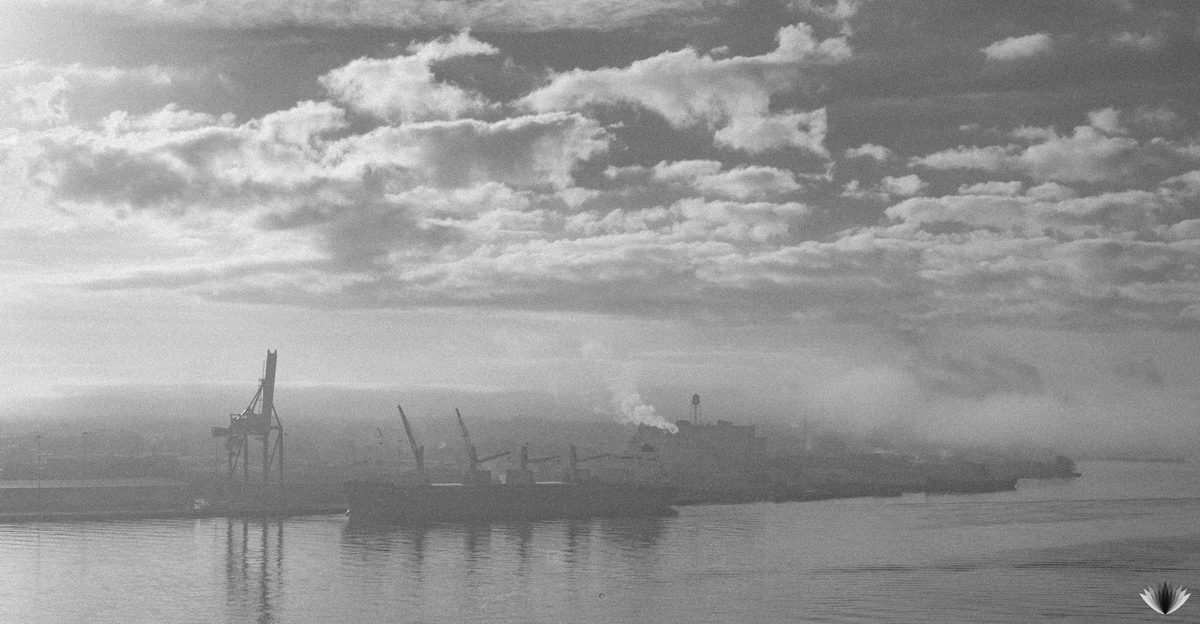 A working port under a big cloudy sky, cranes and a moored ship in mist, in black and white.
